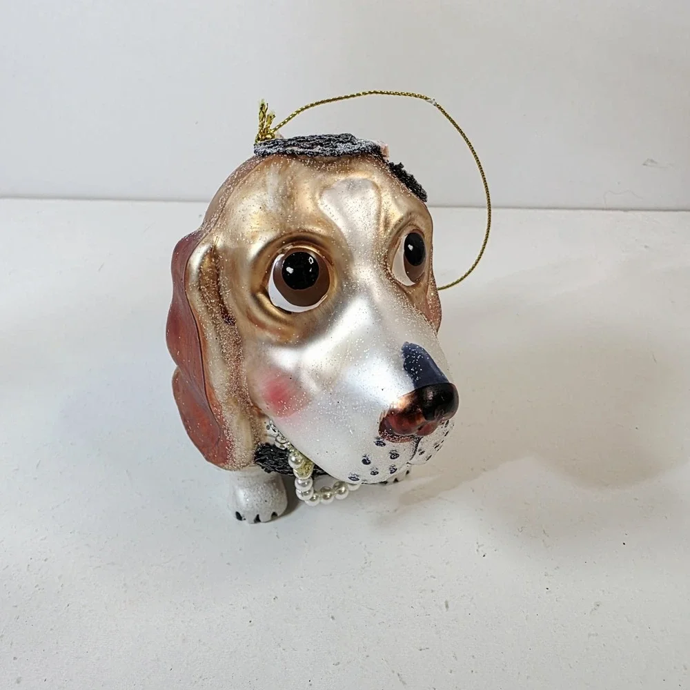 Blown Glass Hound Dog Dressed in Sequins Pink Skirt Glitter Christmas Ornament